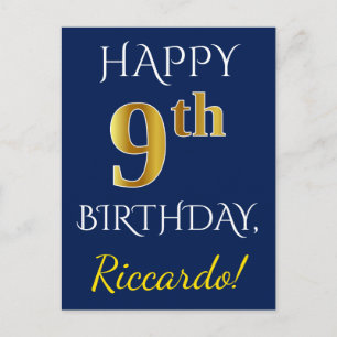 Blue, Faux Gold 9th Birthday + Custom Name Postcard