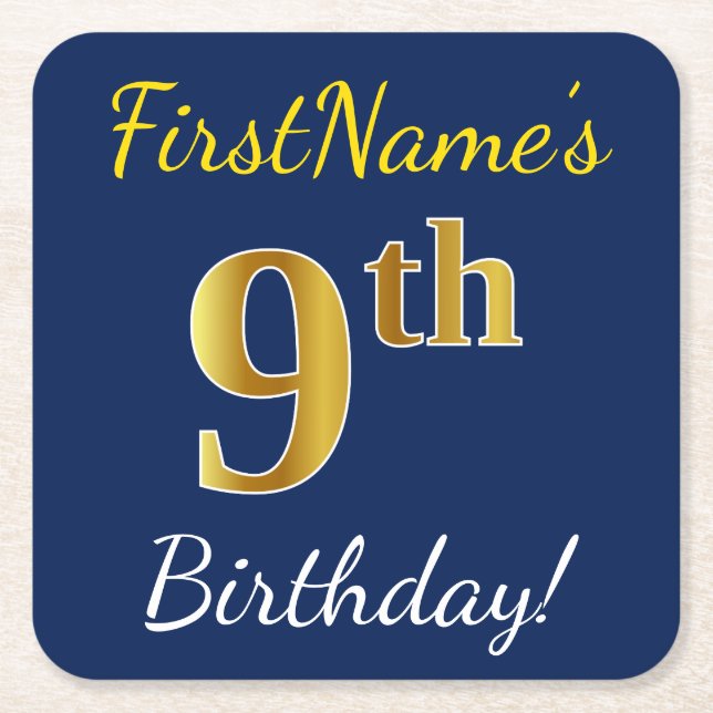 Blue, Faux Gold 9th Birthday + Custom Name Square Paper Coaster (Front)