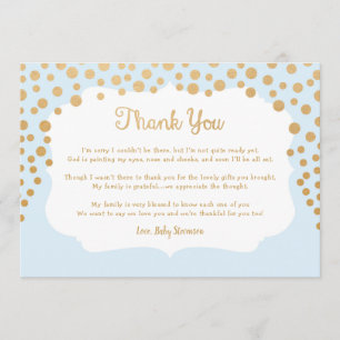 Blue faux gold boy baby shower thank you note