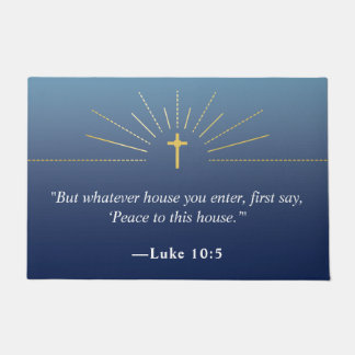 Blue Faux Gold Cross Christian Home Bible Quote Doormat