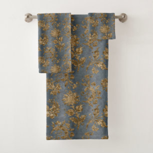Blue Faux Gold Elegant Bathroom Bath Towel Set