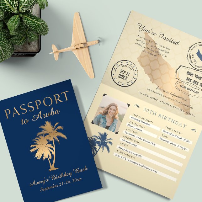 Blue Faux Gold Foil Aruba Passport Birthday Invitation (Creator Uploaded)