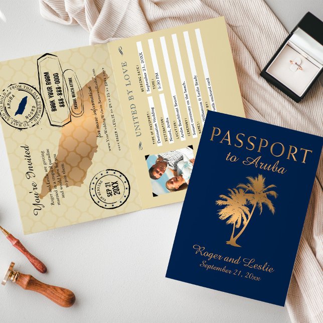 Blue Faux Gold Foil Aruba Passport Wedding Invitation (Creator Uploaded)