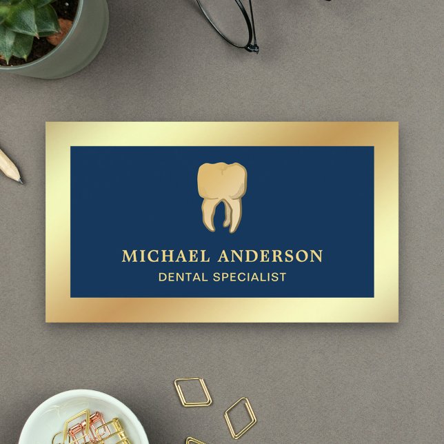 Blue Faux Gold Foil Tooth Dental Clinic Dentist Business Card (Creator Uploaded)