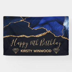 Blue & Faux Gold Glitter Agate Sweet 16 Banner