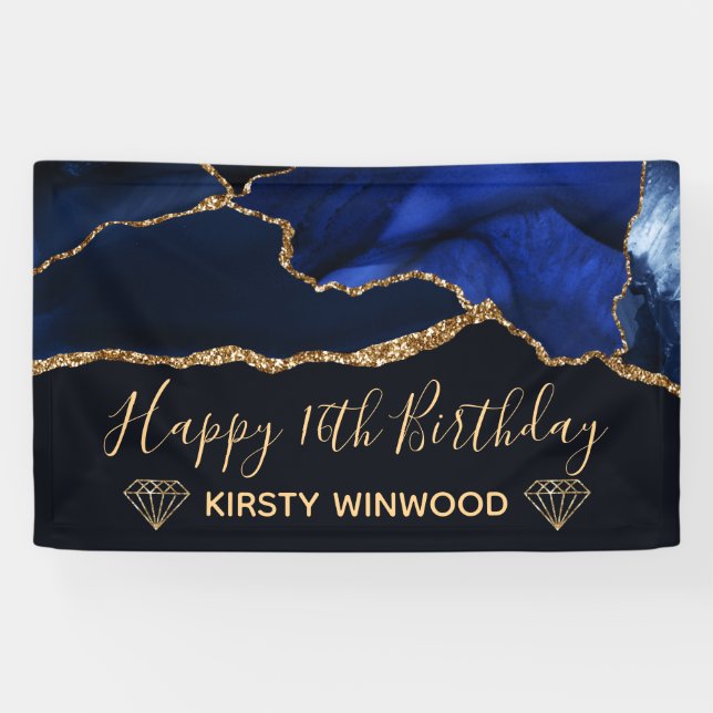 Blue & Faux Gold Glitter Agate Sweet 16 Banner (Horizontal)