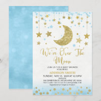 Blue Faux Gold Glitter Over The Moon Baby Shower