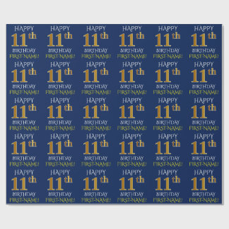 Blue, Faux Gold "HAPPY 11th BIRTHDAY" Wrapping Paper