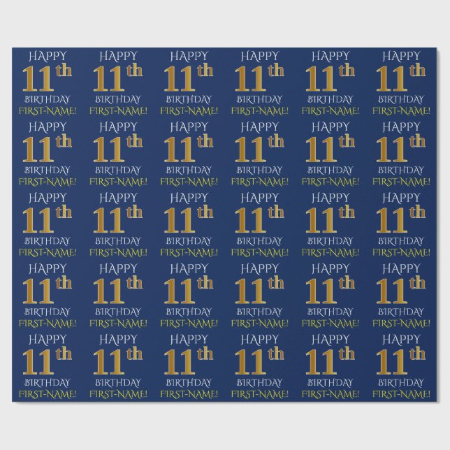 Blue, Faux Gold "HAPPY 11th BIRTHDAY" Wrapping Paper (Flat)