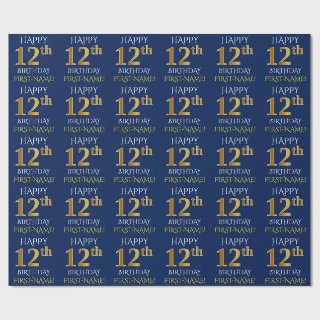 Blue, Faux Gold "HAPPY 12th BIRTHDAY" Wrapping Paper (Flat)