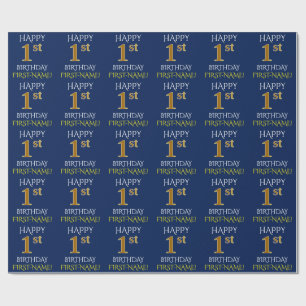 Blue, Faux Gold "HAPPY 1st BIRTHDAY" Wrapping Paper