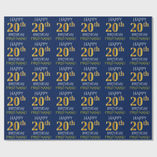 Blue, Faux Gold "HAPPY 20th BIRTHDAY" Wrapping Paper