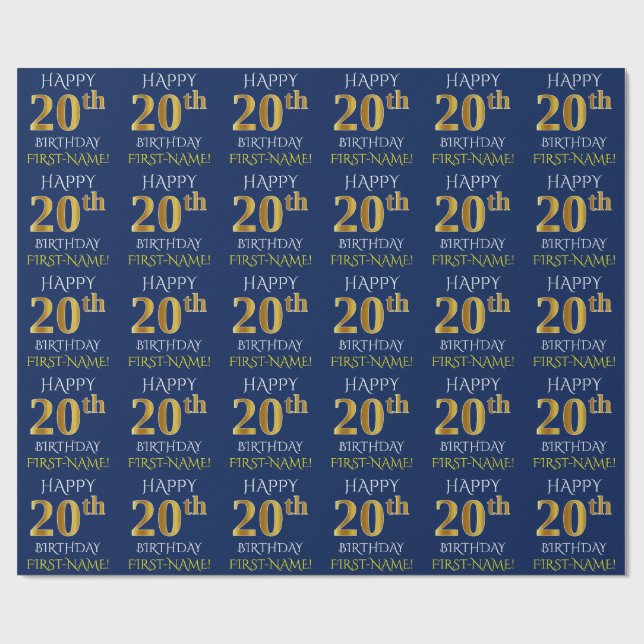 Blue, Faux Gold "HAPPY 20th BIRTHDAY" Wrapping Paper (Flat)
