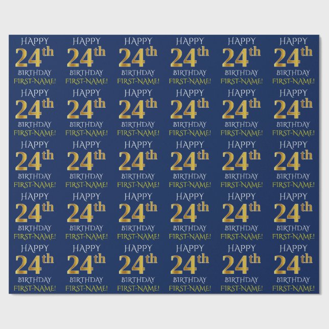 Blue, Faux Gold "HAPPY 24th BIRTHDAY" Wrapping Paper (Flat)