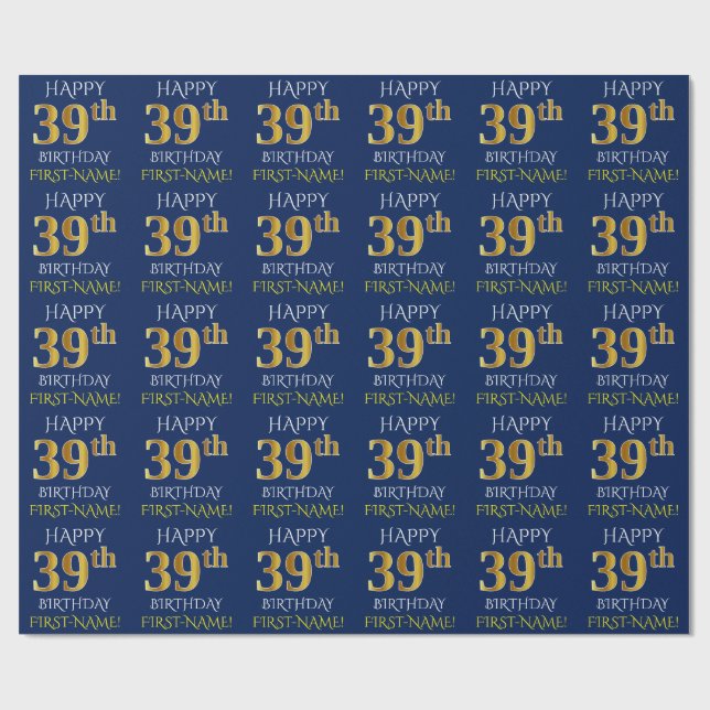 Blue, Faux Gold "HAPPY 39th BIRTHDAY" Wrapping Paper (Flat)