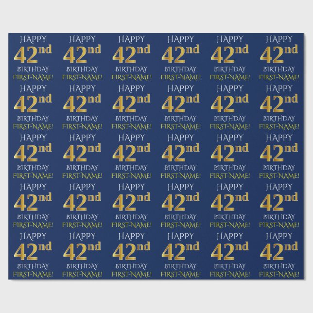 Blue, Faux Gold "HAPPY 42nd BIRTHDAY" Wrapping Paper (Flat)