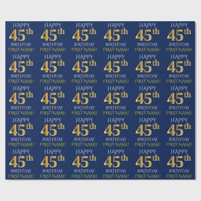Blue, Faux Gold "HAPPY 45th BIRTHDAY" Wrapping Paper (Flat)