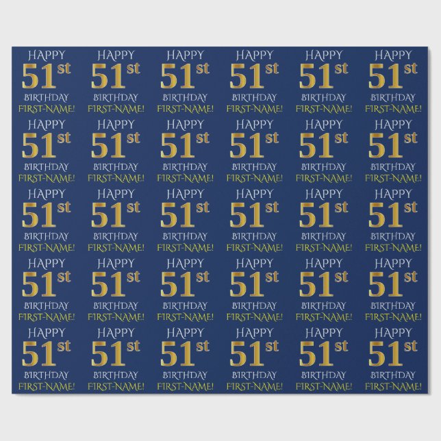 Blue, Faux Gold "HAPPY 51st BIRTHDAY" Wrapping Paper (Flat)