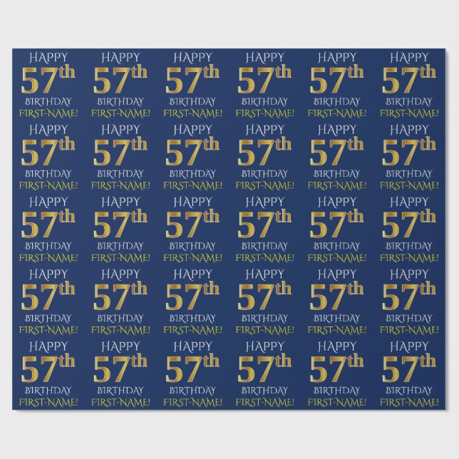 Blue, Faux Gold "HAPPY 57th BIRTHDAY" Wrapping Paper (Flat)