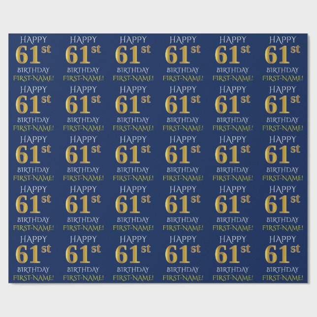 Blue, Faux Gold "HAPPY 61st BIRTHDAY" Wrapping Paper (Flat)
