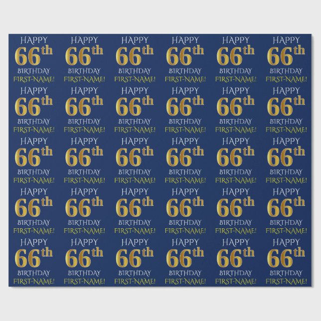 Blue, Faux Gold "HAPPY 66th BIRTHDAY" Wrapping Paper (Flat)
