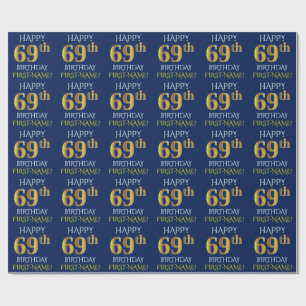Blue, Faux Gold "HAPPY 69th BIRTHDAY" Wrapping Paper