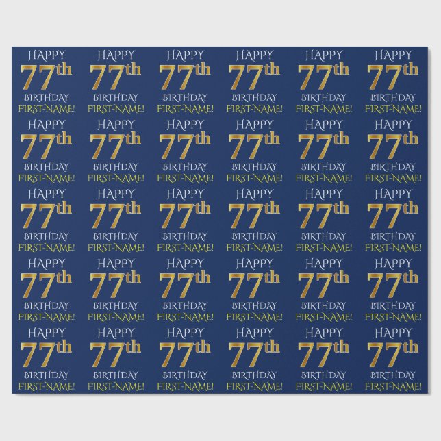 Blue, Faux Gold "HAPPY 77th BIRTHDAY" Wrapping Paper (Flat)