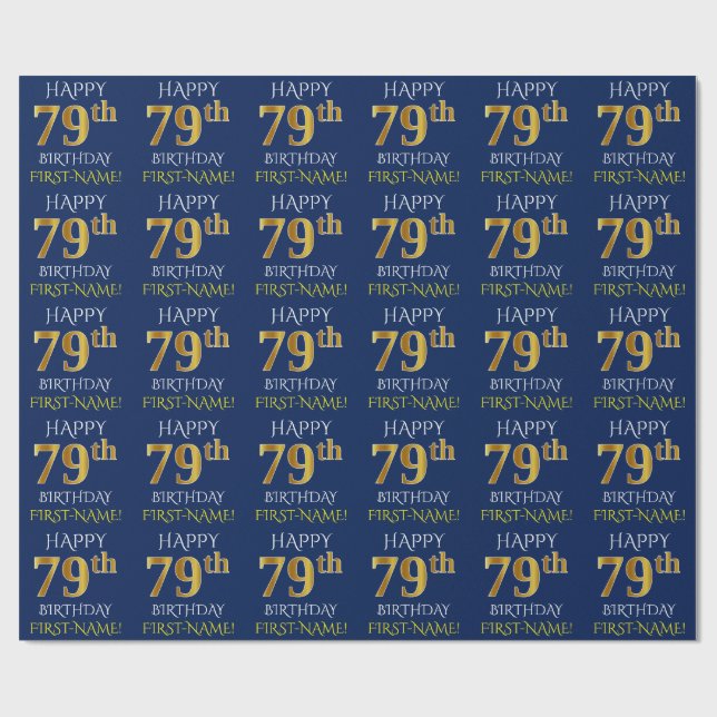 Blue, Faux Gold "HAPPY 79th BIRTHDAY" Wrapping Paper (Flat)