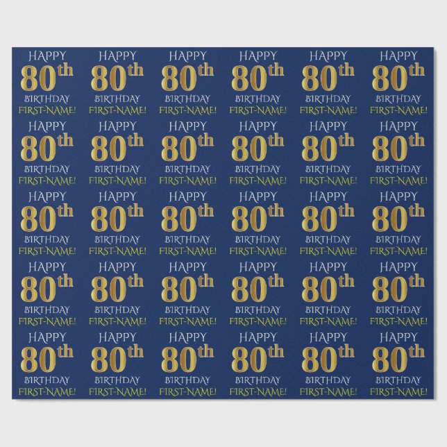 Blue, Faux Gold "HAPPY 80th BIRTHDAY" Wrapping Paper (Flat)