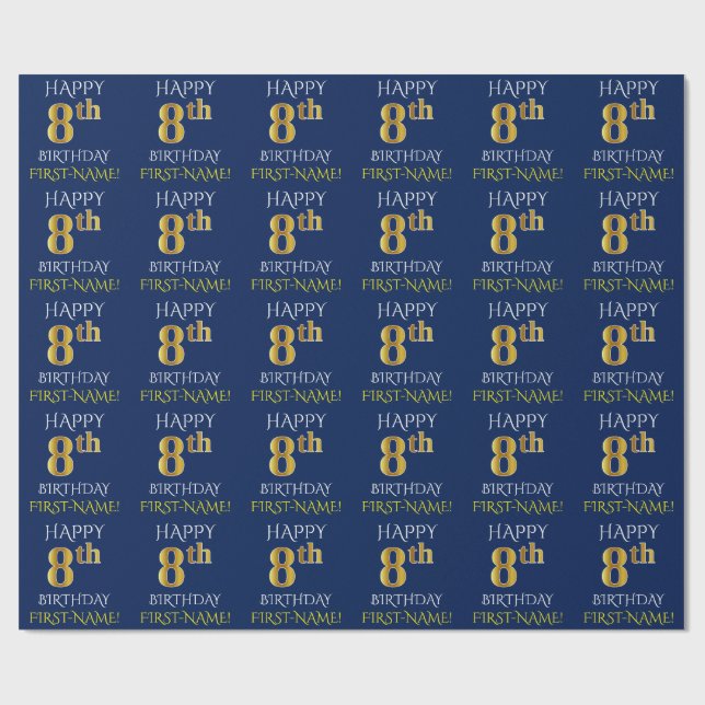 Blue, Faux Gold "HAPPY 8th BIRTHDAY" Wrapping Paper (Flat)