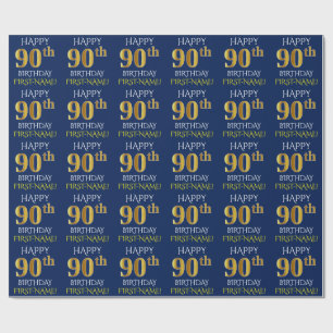 Blue, Faux Gold "HAPPY 90th BIRTHDAY" Wrapping Paper