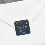 Blue Faux Gold Strings of Lights 21st Birthday Square Sticker<br><div class="desc">This elegant 21st Birthday square sticker feature strings of lights and the word "Twenty One" in faux gold against a dark blue background. Check out other matching items here https://www.zazzle.com/collections/strings_of_lights_faux_gold_celebration_collection-119311942951401241?rf=238364477188679314 Personalise it with your details by replacing the placeholder text. For more options click the "Customise it" button. *Please note that...</div>