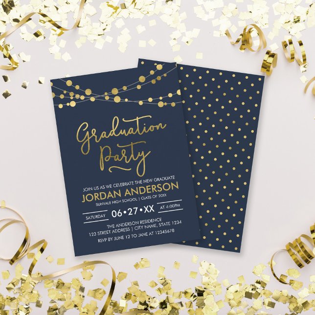Blue Faux Gold Strings of Lights Graduation Party Invitation (Creator Uploaded)