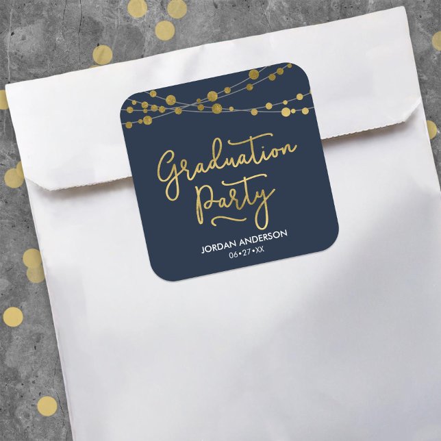 Blue Faux Gold Strings of Lights Graduation Party Square Sticker (Creator Uploaded)