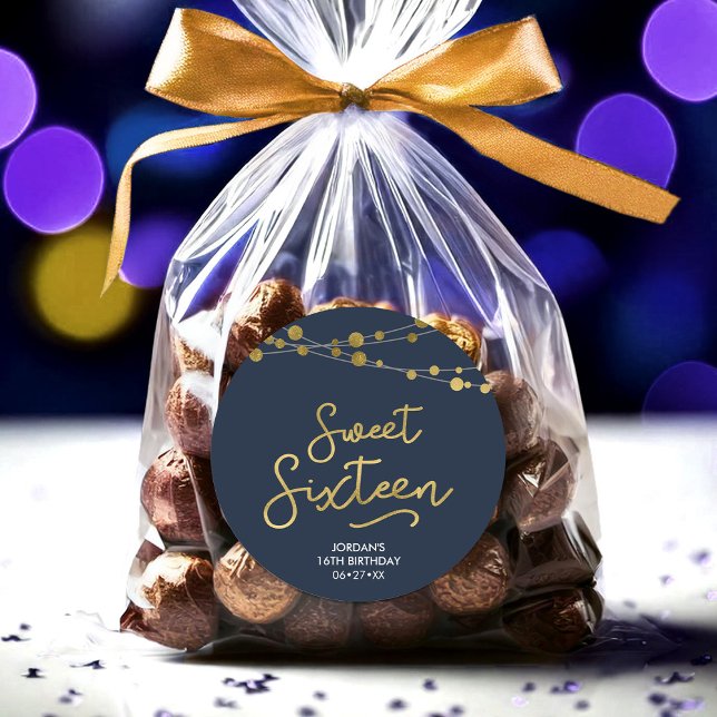 Blue Faux Gold Strings of Lights Sweet 16 Birthday Classic Round Sticker (Creator Uploaded)