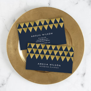 Blue & Faux Gold Triangle Pattern Modern Geometric Business Card