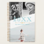 Blue Faux Gold & White Photo Collage Planner<br><div class="desc">A planner to which you can add three of your own photos to a minimalist asymmetrical collage in white and blue. Add the year in large blue numbers,  and add your name or family name too!</div>