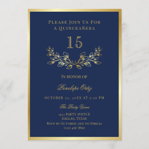 Blue Faux Gold Wreath Quinceañera Invitation