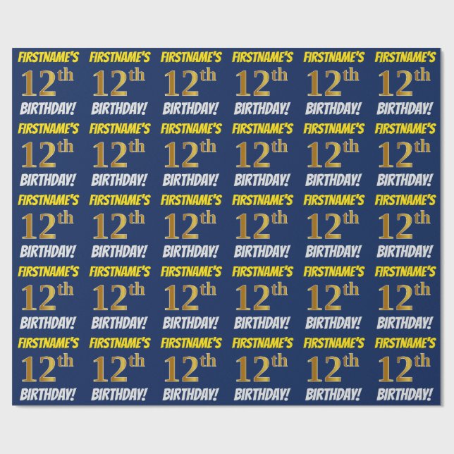 Blue, Faux/Imitation Gold, "12th BIRTHDAY" Wrapping Paper (Flat)