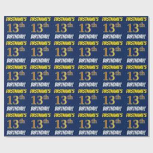 Blue, Faux/Imitation Gold, "13th BIRTHDAY" Wrapping Paper