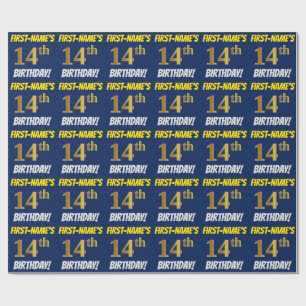 Blue, Faux/Imitation Gold, "14th BIRTHDAY" Wrapping Paper