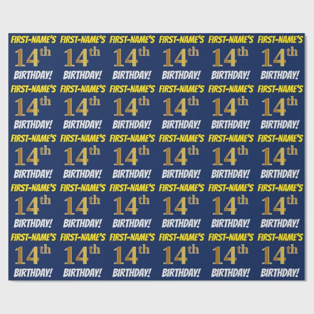 Blue, Faux/Imitation Gold, "14th BIRTHDAY" Wrapping Paper (Flat)