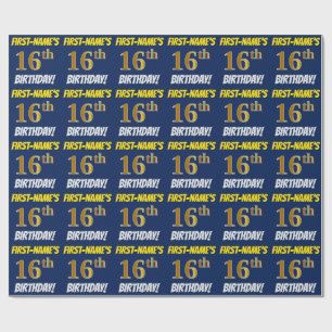 Blue, Faux/Imitation Gold, "16th BIRTHDAY" Wrapping Paper