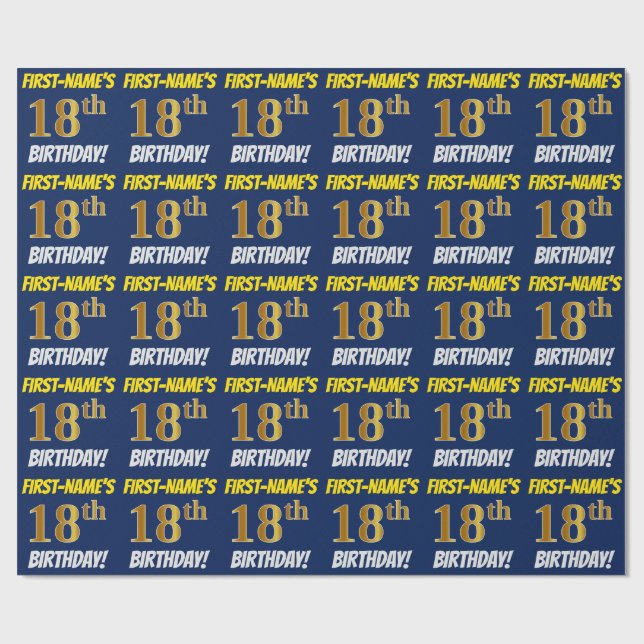 Blue, Faux/Imitation Gold, "18th BIRTHDAY" Wrapping Paper (Flat)