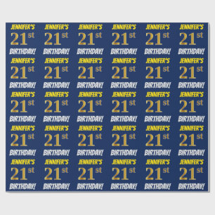 Blue, Faux/Imitation Gold, "21st BIRTHDAY" Wrapping Paper