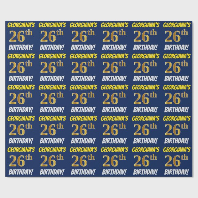 Blue, Faux/Imitation Gold, "26th BIRTHDAY" Wrapping Paper (Flat)