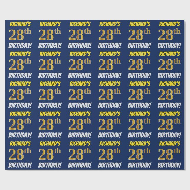 Blue, Faux/Imitation Gold, "28th BIRTHDAY" Wrapping Paper (Flat)