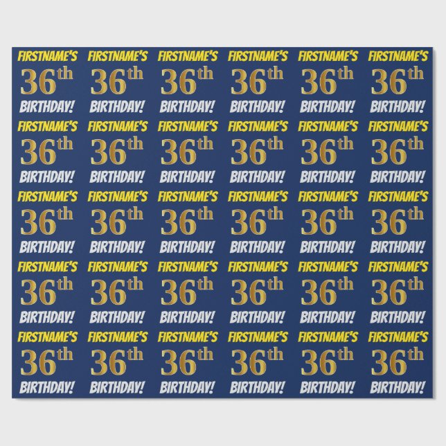 Blue, Faux/Imitation Gold, "36th BIRTHDAY" Wrapping Paper (Flat)