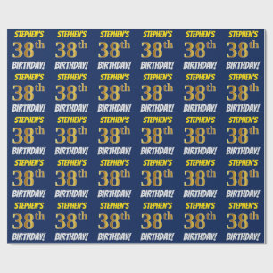 Blue, Faux/Imitation Gold, "38th BIRTHDAY" Wrapping Paper