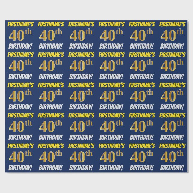 Blue, Faux/Imitation Gold, "40th BIRTHDAY" Wrapping Paper (Flat)